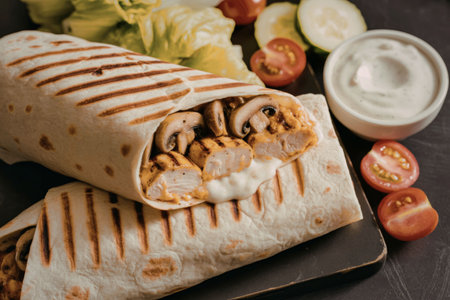 A grilled chicken shawarma wrap served with vegetables and sauceの写真素材