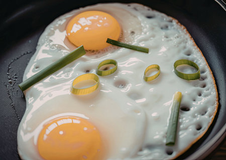 Two eggs are fried sunny-side up in a black pan, garnished with green onions.の写真素材