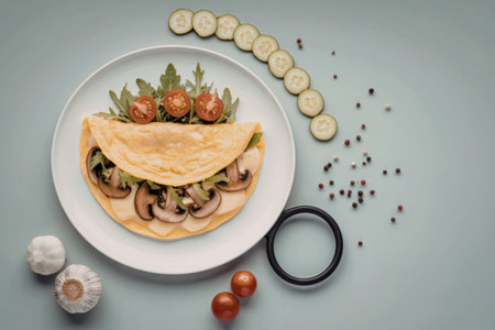 A folded omelette on a white plate, filled with mushrooms, tomatoes, and greens, surrounded by fresh vegetables and seasonings.の写真素材
