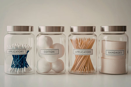 Four glass jars with silver lids containing different products on a white surfaceの写真素材