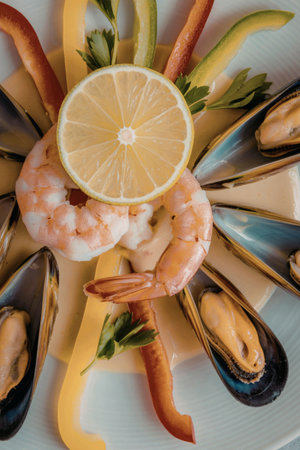 A seafood platter featuring shrimp and mussels arranged with sliced peppers and a lime wedge on a white plate.の写真素材