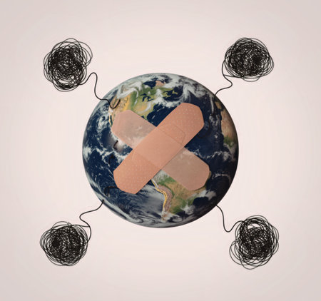 An image of the Earth with a band aid on it surrounded by virus particlesの写真素材
