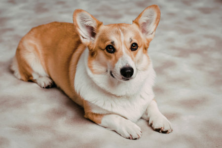 A corgi dog lying on a carpet looking at the cameraの写真素材