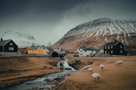 A picturesque village nestled in a valley with a stream running through it, surrounded by snow-capped mountains and grazing sheep.の写真素材