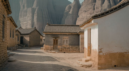 A serene and rustic village street lined with traditional ancient buildings, set against a backdrop of rugged mountains.の写真素材