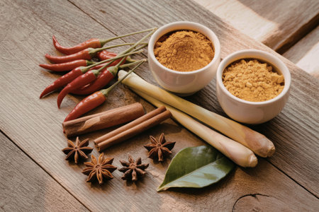 A selection of spices and herbs arranged on a wooden table, including chili peppers, cinnamon sticks, star anise, lemongrass, and two bowls of yellow spice powder.の写真素材
