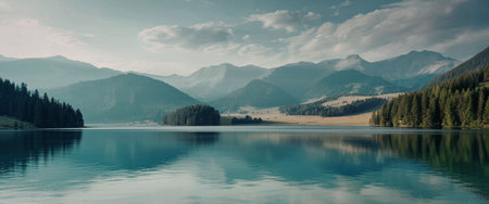 A tranquil lake surrounded by lush greenery and majestic mountains, reflecting the beauty of nature.の写真素材
