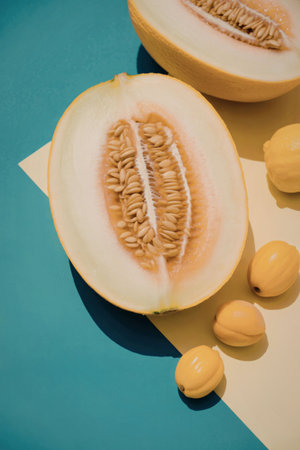 A halved melon with seeds on a blue and yellow background with scattered seedsの写真素材