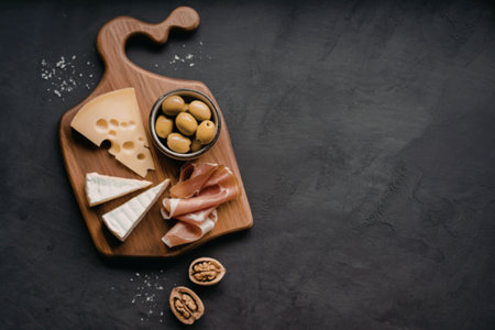 A wooden cutting board with cheese, olives, meat, and nuts on a dark background.の写真素材