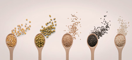 An image showcasing a selection of different pulses and grains poured onto wooden spoons, highlighting their diverse colors and textures.の写真素材