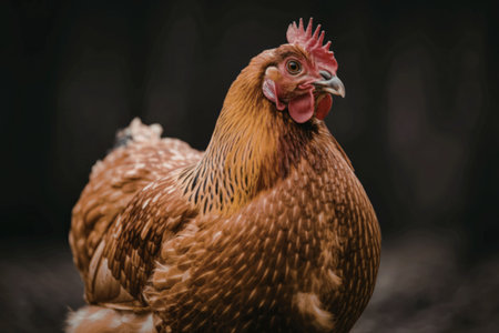 A close-up photograph of a brown chicken with distinctive red comb and wattle, set against a dark background.の写真素材