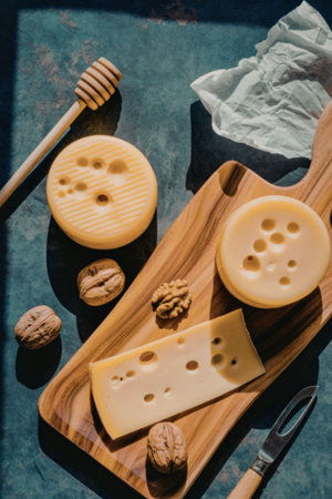 a cheese board with nuts and honeyの写真素材