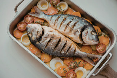 Two grilled fish in a baking dish with sliced vegetablesの写真素材
