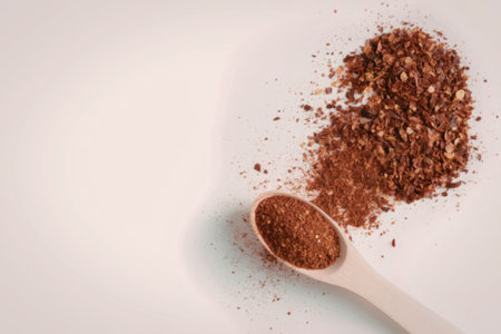 A wooden spoon filled with red chili flakes with a pile of flakes next to it on a white background.の写真素材