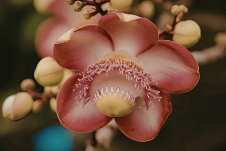 A close-up of a pink flower with a white center and green buds on a branch.の写真素材