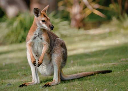 A kangaroo standing on green grass with trees in the backgroundの写真素材