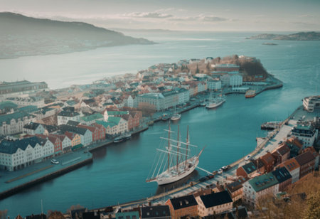 An aerial view of a coastal town with a large body of water, featuring a sailboat and several buildings.の写真素材