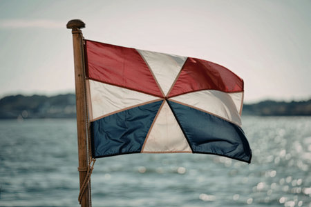 a red white and blue flag waving on a pole by the waterの写真素材