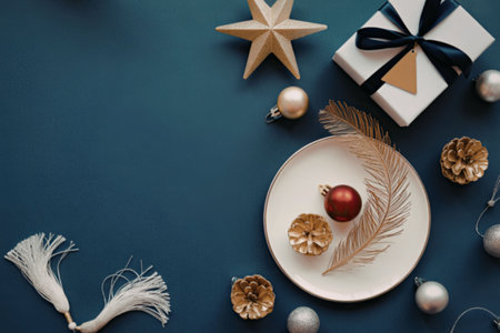A festive arrangement of Christmas decorations on a blue background, featuring a white plate with gold and red ornaments, a wrapped gift, and a gold star.の写真素材