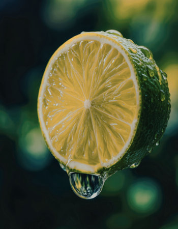 A close-up of a fresh lime cut in half with water droplets on it.の写真素材