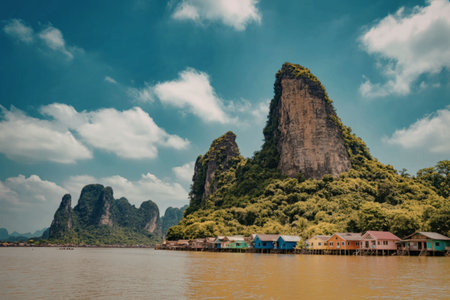 A serene landscape featuring a cluster of towering mountains covered in lush greenery, with a small village on the water's edge, under a blue sky with white clouds.の写真素材