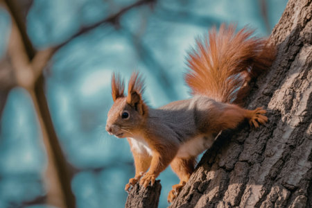 A squirrel with gray and orange fur is perched on the trunk of a tree, looking alert with its bushy tail and pointed ears.の写真素材