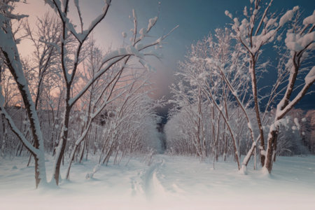 A serene winter landscape featuring snow-covered trees at sunset.の写真素材