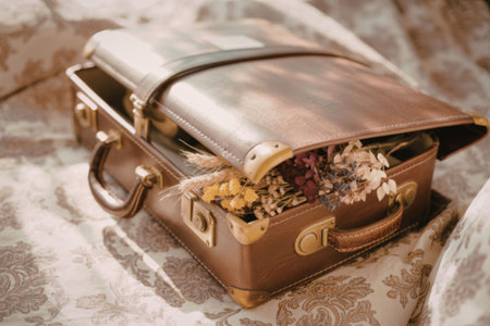 An old, brown leather suitcase with gold hardware, partially filled with colorful flowers, sitting on a patterned fabric.の写真素材