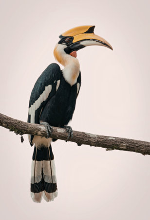 The Southern Ground Hornbill perched on a tree branch, showcasing its vibrant plumage and distinctive horn-like casque on its beak.の写真素材