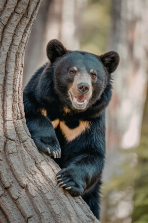 A black bear with a yellow patch on its chest is climbing a tree, looking directly at the camera with its mouth open.の写真素材