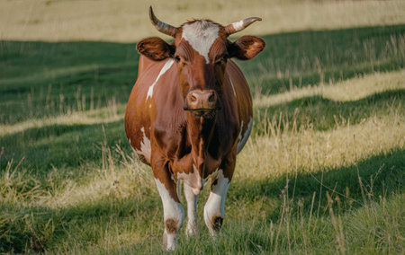 A brown cow with white spots stands in a lush green field, looking directly at the camera.の写真素材