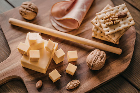 A wooden cutting board with a block of cheese, crackers, nuts, and cured meat, arranged for snacking.の写真素材