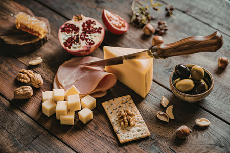 A variety of cheese, meat, fruits, and nuts arranged on a wooden table, perfect for a snack or appetizer.の写真素材