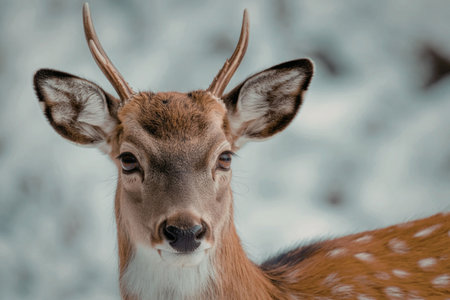 A close-up of a deer's face with a blurred snowy background, showcasing its brown fur with white spots, small antlers, and alert expression.の写真素材
