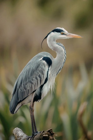 A gray heron standing on one leg on a branch with greenery in the backgroundの写真素材