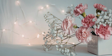 A serene arrangement of pink flowers and baby's breath in a white vase, set against a softly lit background with string lights.の写真素材