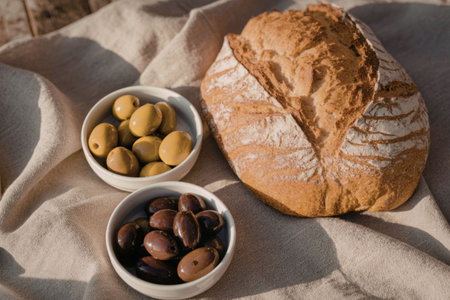 A crusty loaf of bread and two bowls of olives on a beige clothの写真素材