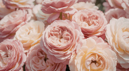 A close-up image of a bouquet of pastel-colored ranunculus flowers in shades of pink and yellow.の写真素材