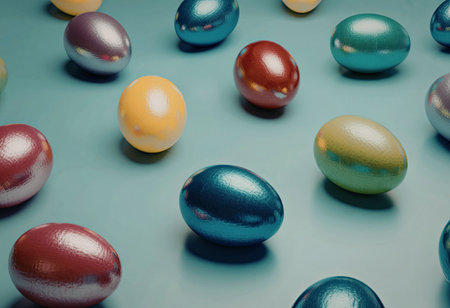 A collection of shiny, colorful Easter eggs on a light blue surface, featuring various hues such as red, blue, green, yellow, and purple.の写真素材