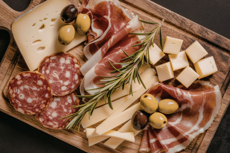 A wooden board filled with various meats, cheeses, and olives, garnished with rosemary.の写真素材