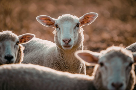 A close-up photograph of a group of sheep, with one sheep looking directly at the camera.の写真素材