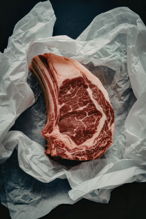 A raw tomahawk steak on white paper, showcasing its marbled texture and rich red color.の写真素材