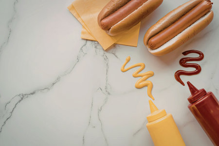An image of two hot dogs on a white marble surface with ketchup and mustard being squeezed out of bottles.の写真素材