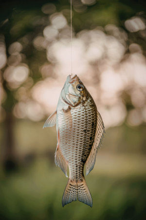 A fish is hanging from a fishing line with a blurred green backgroundの写真素材