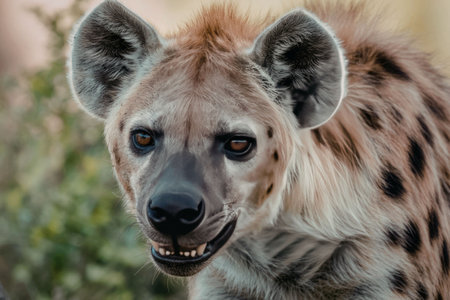 A close-up of a spotted hyena showing its distinctive features and facial expression.の写真素材