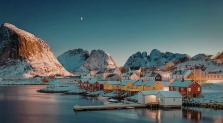 A serene snowy village situated by a calm sea, surrounded by majestic mountains.の写真素材