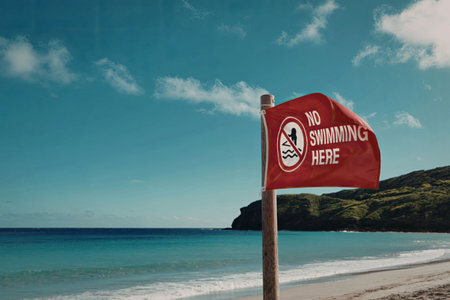 A red flag on a beach warning people not to swim in the water due to potential dangers.の写真素材