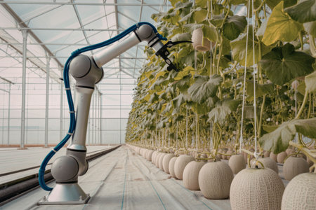 A robotic arm is positioned in a greenhouse, surrounded by plants growing in a controlled environment. The arm is equipped with a blue hose and appears to be part of an automated system for plant care.の写真素材