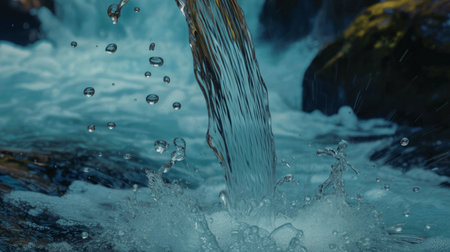 A close-up shot of water splashing in a river, with droplets flying everywhere.の写真素材