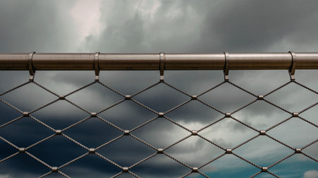 A close-up view of a chain link fence with a stormy sky in the backgroundの写真素材